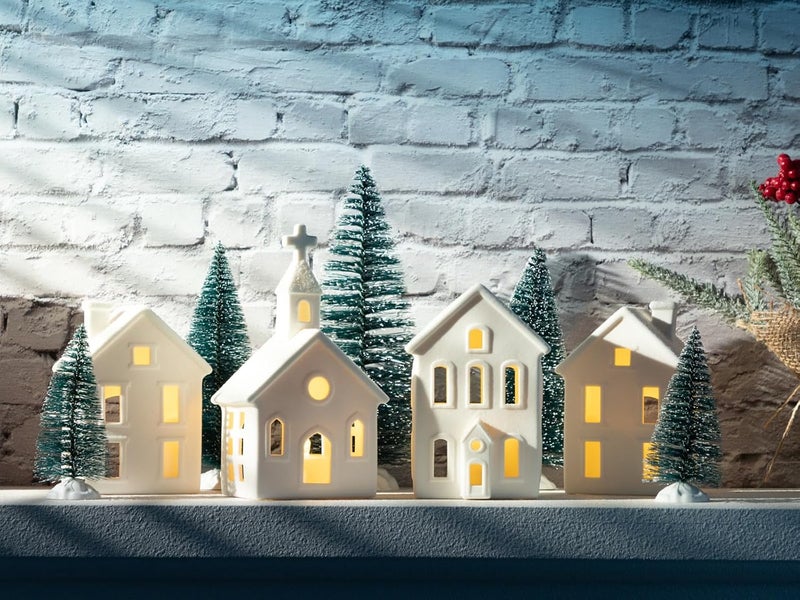 BUTITNOW 9 Pcs Christmas Village Figurines Sets - 4 Lighted Ceramic Houses with Remote Control & 5 Trees - Christmas Decorations Indoor - White Xmas Holiday Farmhouse Rustic Decor for Home Table Room - Image 4